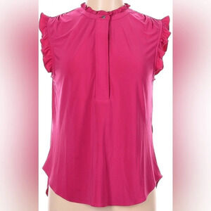 DKNY | Georgette Mock Neck Sleeveless Ruffled Trim Shirt (M)